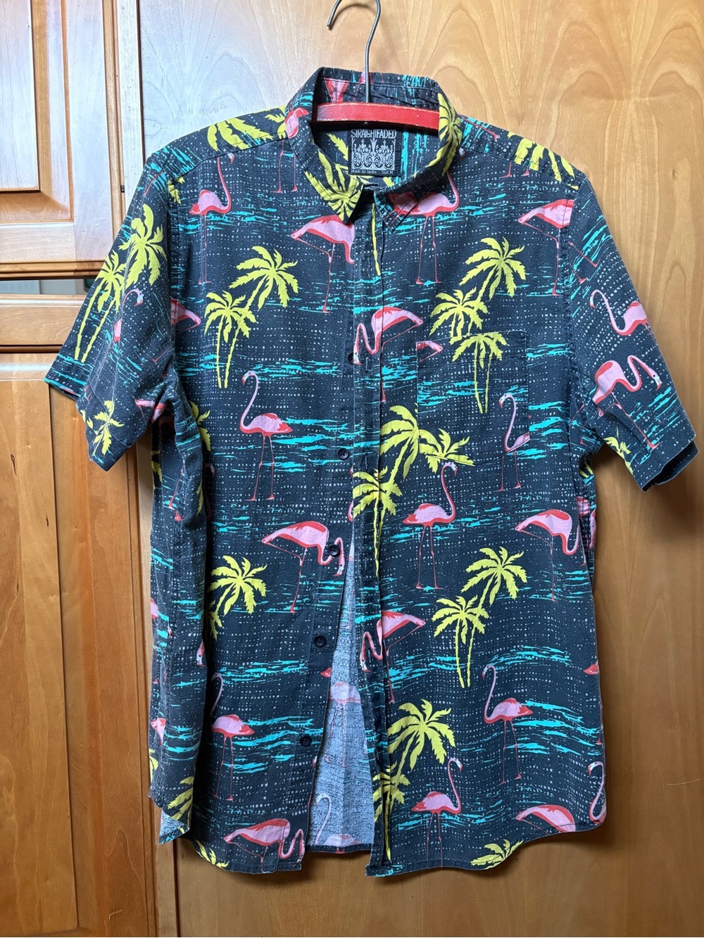 Tropical Flamingo Short-Sleeve Button-Down Shirt - Black/Pink/Yellow